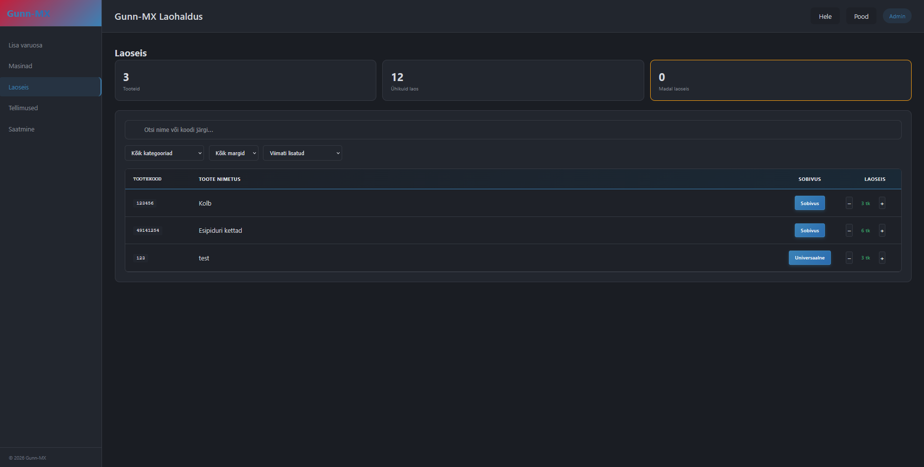 Gunn-MX warehouse management panel